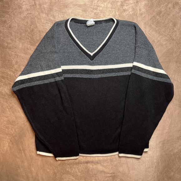Vintage 90s Utility Striped Sweater Knit Black Gray Long Sleeve Men's M Boxy Cut - Picture 1 of 6
